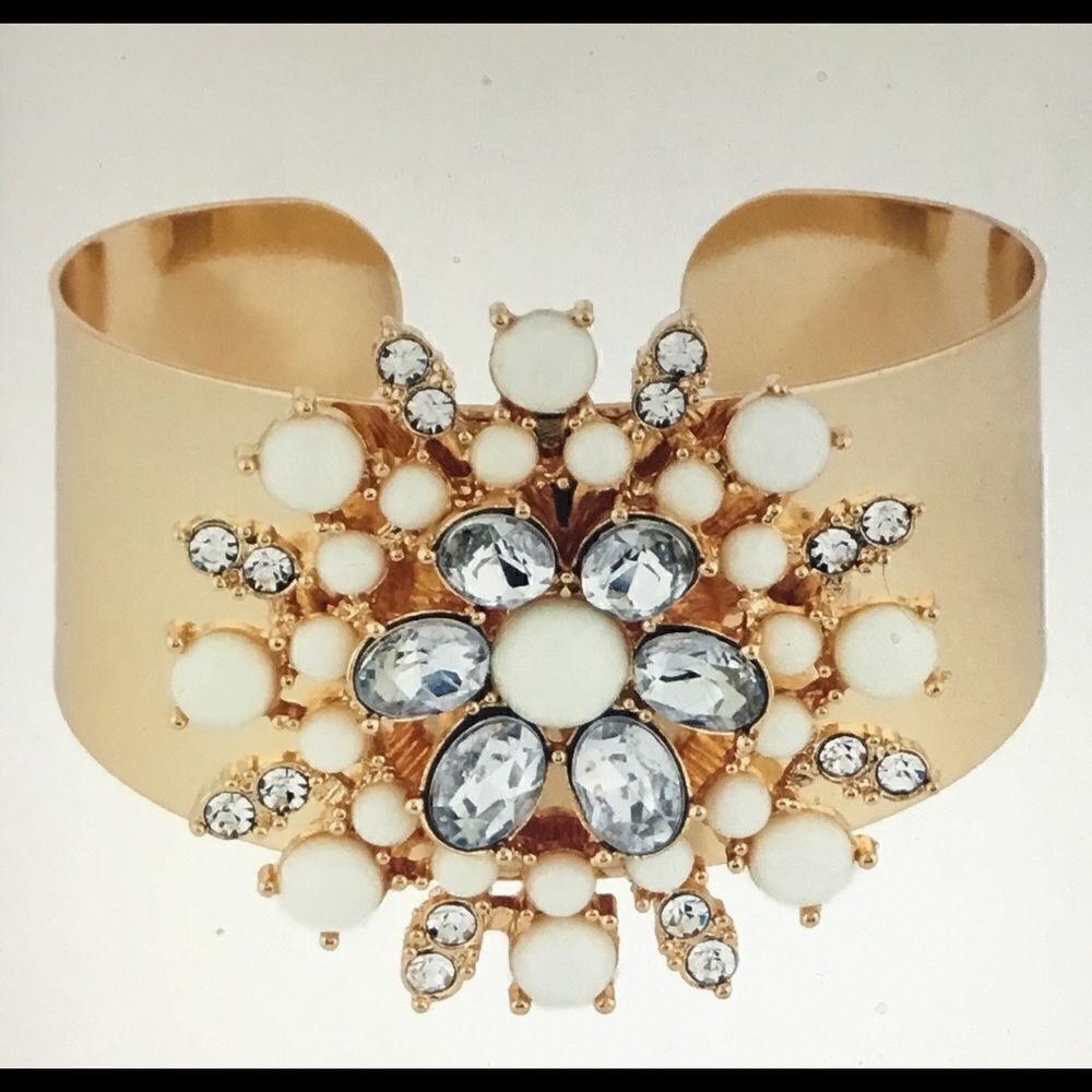 New~Susan Graver Gold Floral Cabochon Cuff Bracelet